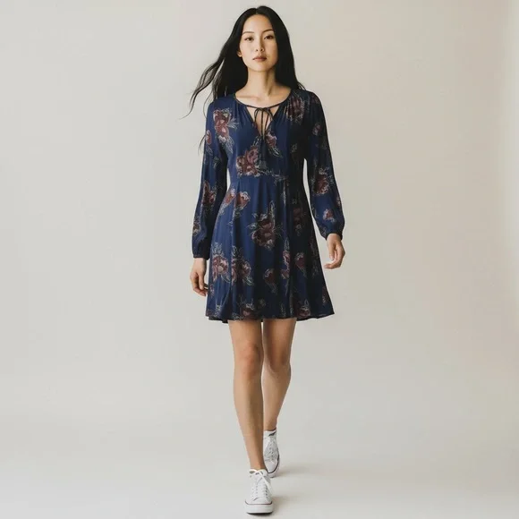 ASTR The Label Womens Size Med Ethel Dress Navy Floral Tassel Long Sleeve - Picture 1 of 11